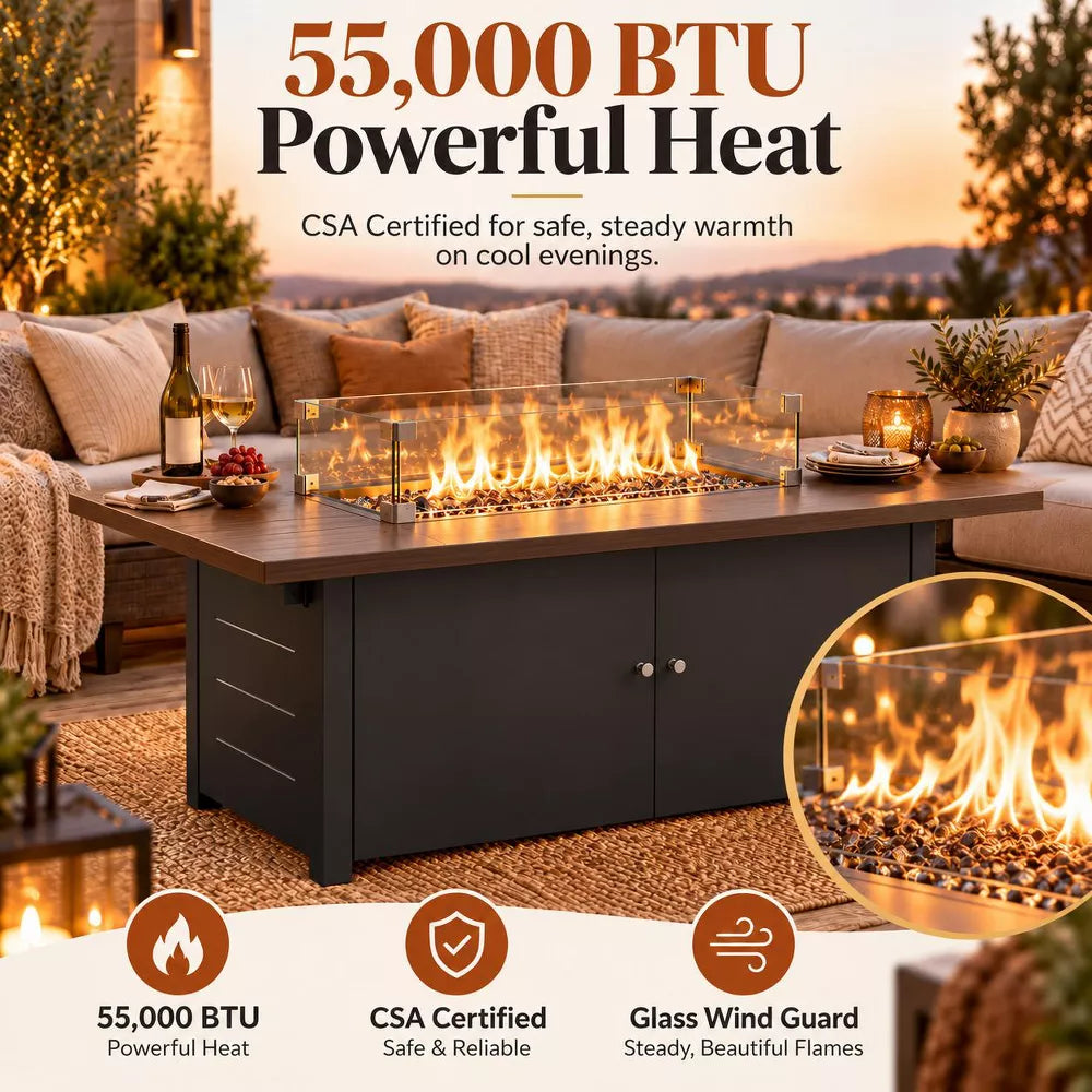 LAUSAINT HOME 64 Inch Outdoor Fire Pit Table 55,000 BTU Gas Fire Pit with Lid with Glass Wind Guard for Outside Patio