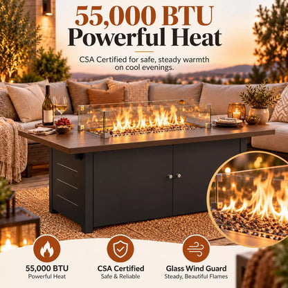 LAUSAINT HOME 64 Inch Outdoor Fire Pit Table 55,000 BTU Gas Fire Pit with Lid with Glass Wind Guard for Outside Patio
