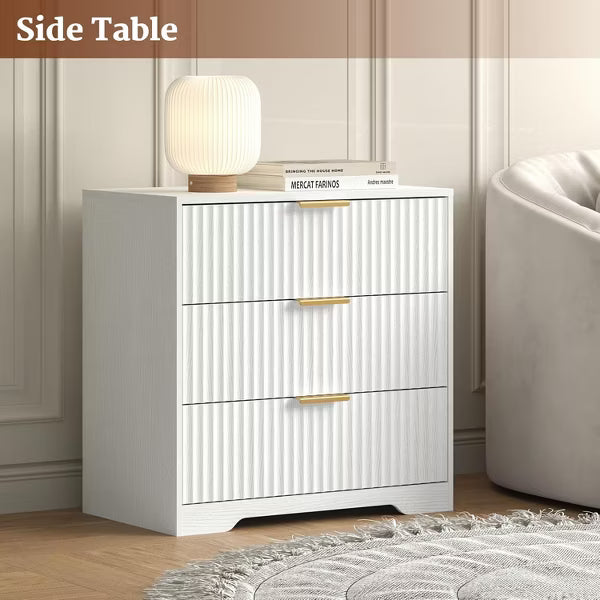 Qwatto 27'' Wide White Nightstand 3 Drawers Modern Fluted Wood Bedside Table Large Storage Accent Cabinet Dresser For Bedroom Living Room Home