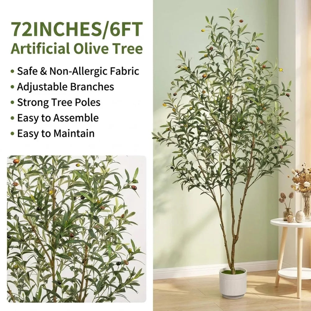 6FT Artificial Olive Tree Indoor Tall Faux with Planter & Basket Large Fake Olive Trees Realistic Olive Plants with Branches and Fruits for Decor Home