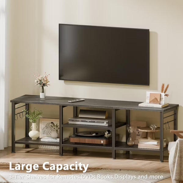 Qwatto 55 Inch Black Oak TV Stand for TVs up to 65 Inch Media Console Entertainment Center Open Storage Shelves Soundbar Shelf Modern Living Room Unit