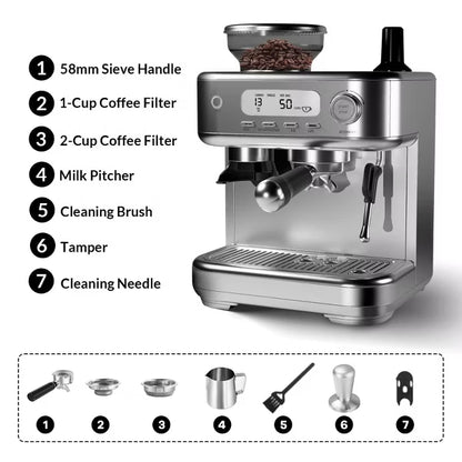 Garvee Espresso Machine, 15-Bar Pump Coffee Maker, High Power Milk Frother, Digital LCD, Stainless Steel