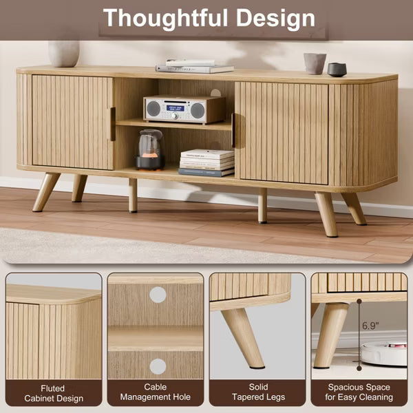 Qwatto 54'' Media Console for Bedroom Living Room Oak TV Stand for 65'' TV Mid Century Modern Cabinet Fluted Wood Detail Cable Management