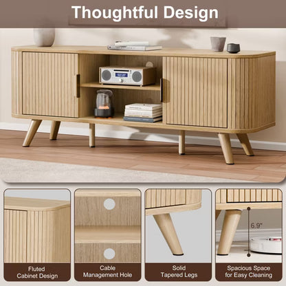 Qwatto 54'' Media Console for Bedroom Living Room Oak TV Stand for 65'' TV Mid Century Modern Cabinet Fluted Wood Detail Cable Management