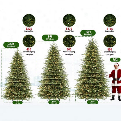 VIVATREES 9ft Prelit Artificial Christmas Tree with Warm White LED Lights Hinged Branches Metal Stand for Decor Holiday
