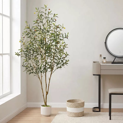 6FT Artificial Olive Tree Indoor Tall Faux with Planter & Basket Large Fake Olive Trees Realistic Olive Plants with Branches and Fruits for Decor Home