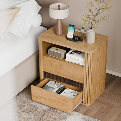 Qwatto Natural Wood Nightstand Charging Station 2 Drawers Roller Blind Design Rounded Modern Bedside Table Mid Century End Table Bedroom Storage
