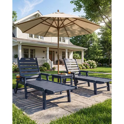 Folding Adirondack chairs, polywood 5-Level Adjustable Reclining Chair with footrest, Wheels & Cup Holder, Patio Leisure Chair, Navy blue, 1-Pack