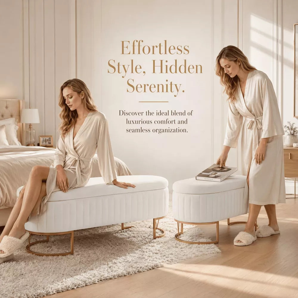 Laukingdom Storage Bench, Velvet Oval Upholstered End of Bed Bench with Golden Metal Legs, Modern Storage Ottoman Bench for Bedroom,Living Room, Ivory