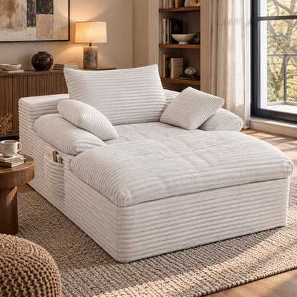 65" Oversized Boneless Chaise Lounge Chair with Side Pocket and 3 Pillows, Cloud Corduroy Chaise Reading Chair Bed Sleeper Couches for Living Room