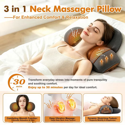Morfone 3-in-1 with Heat Vibration & Air Pressure Neck Massage Pillow Cervical Support Therapy Pillow