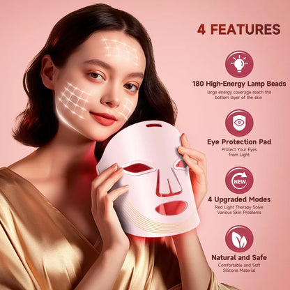 Morfone 4-mode LED facial red light therapy lamp. Portable care set with remote control, suitable for home and travel skin therapy（Pink）