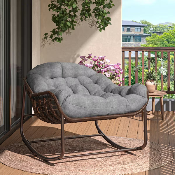 Papasan Rocking Chair, Outdoor Egg Lounge Chair with Cushion & Metal Frame, Oversized Wicker Rocker with Metal Frame for Garden, Living Room, Gray