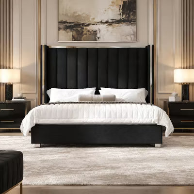 AMERLIFE King Velvet Upholstered Platform Bed with 57" Wingback Headboard, Black