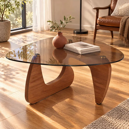 Small Farmhouse Glass Coffee Table, Mid-Century Modern Wood Center Table & Living Room Furniture for Apartment & Dorm, Rich Walnut & Amber Glass