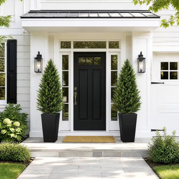 ROMSWI 4FT Artificial Cedar Trees 2-Pack, UV-Protected Faux Topiary in Black Tall Planters for Indoor Outdoor Front Door, Porch, Patio, Garden Decor