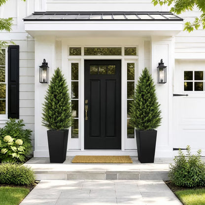 ROMSWI 4FT Artificial Cedar Trees 2-Pack, UV-Protected Faux Topiary in Black Tall Planters for Indoor Outdoor Front Door, Porch, Patio, Garden Decor