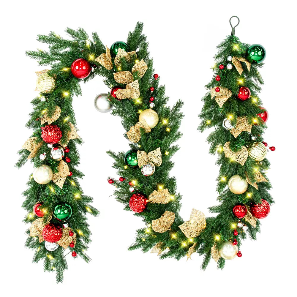 Romswi 9FT Pre-lit Artificial Christmas Garland Realistic PE PVC Ornaments 80 LED Lights Battery Operated Timer Lighted Holiday Xmas Decoration