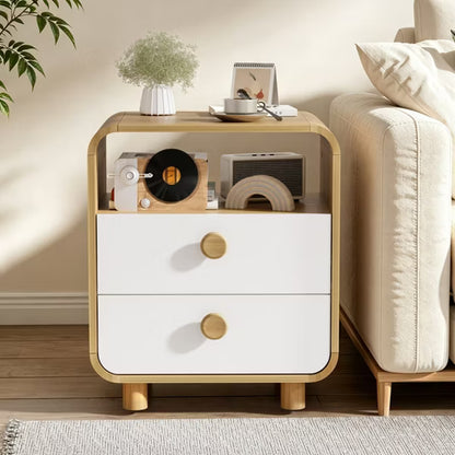 Qwatto Modern Curved Nightstand with Drawers Bedside Table Accent End Table Side Table Storage Organizer for Bedroom Living Room Elm White