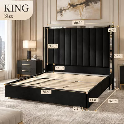 AMERLIFE King Velvet Upholstered Platform Bed with 57" Wingback Headboard, Black