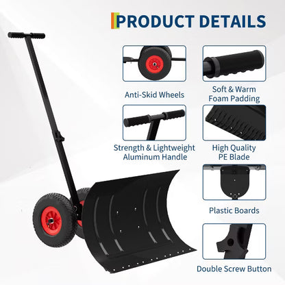 Garvee 29" W X 16.5"H Metal Snow Pusher with Wheels, Adjustable Angle & Height Handle,Single-Rod Design for Driveway & Sidewalk, Black