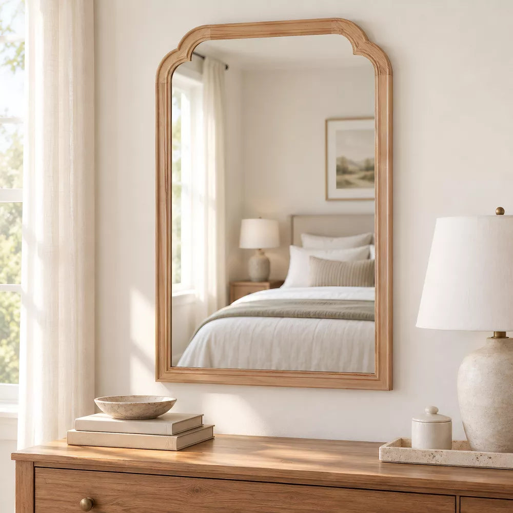24"x36" Natural Wood Framed Mirror, Rounded Corner Solid Wood Wall Mirror for Bedroom, Bathroom, Living Room, Entryway, Farmhouse Vanity Mirror
