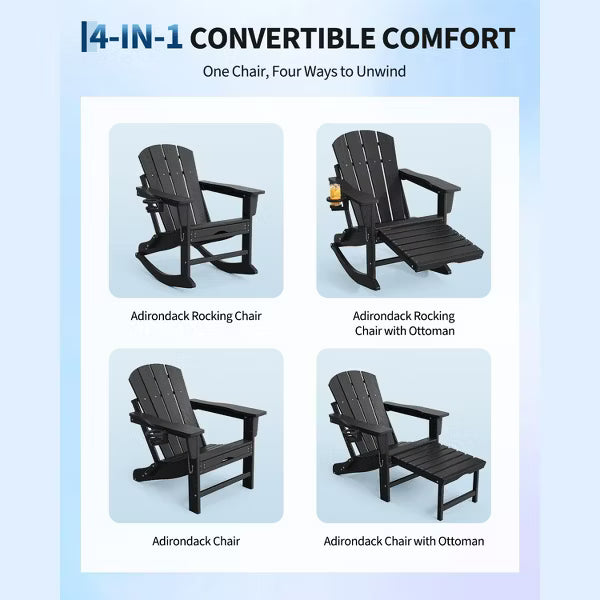 Folding Adirondack Rocking Chair with Retractable Ottoman, HDPE Wooden Textured Rocker with Cup Holder for Patio, Deck, Garden & Fire Pit,Black