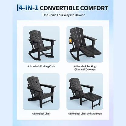 Folding Adirondack Rocking Chair with Retractable Ottoman, HDPE Wooden Textured Rocker with Cup Holder for Patio, Deck, Garden & Fire Pit,Black