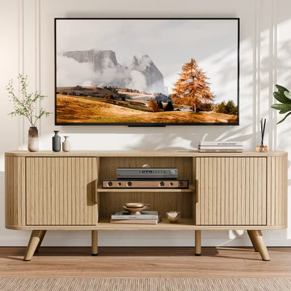 Qwatto 54'' Media Console for Bedroom Living Room Oak TV Stand for 65'' TV Mid Century Modern Cabinet Fluted Wood Detail Cable Management