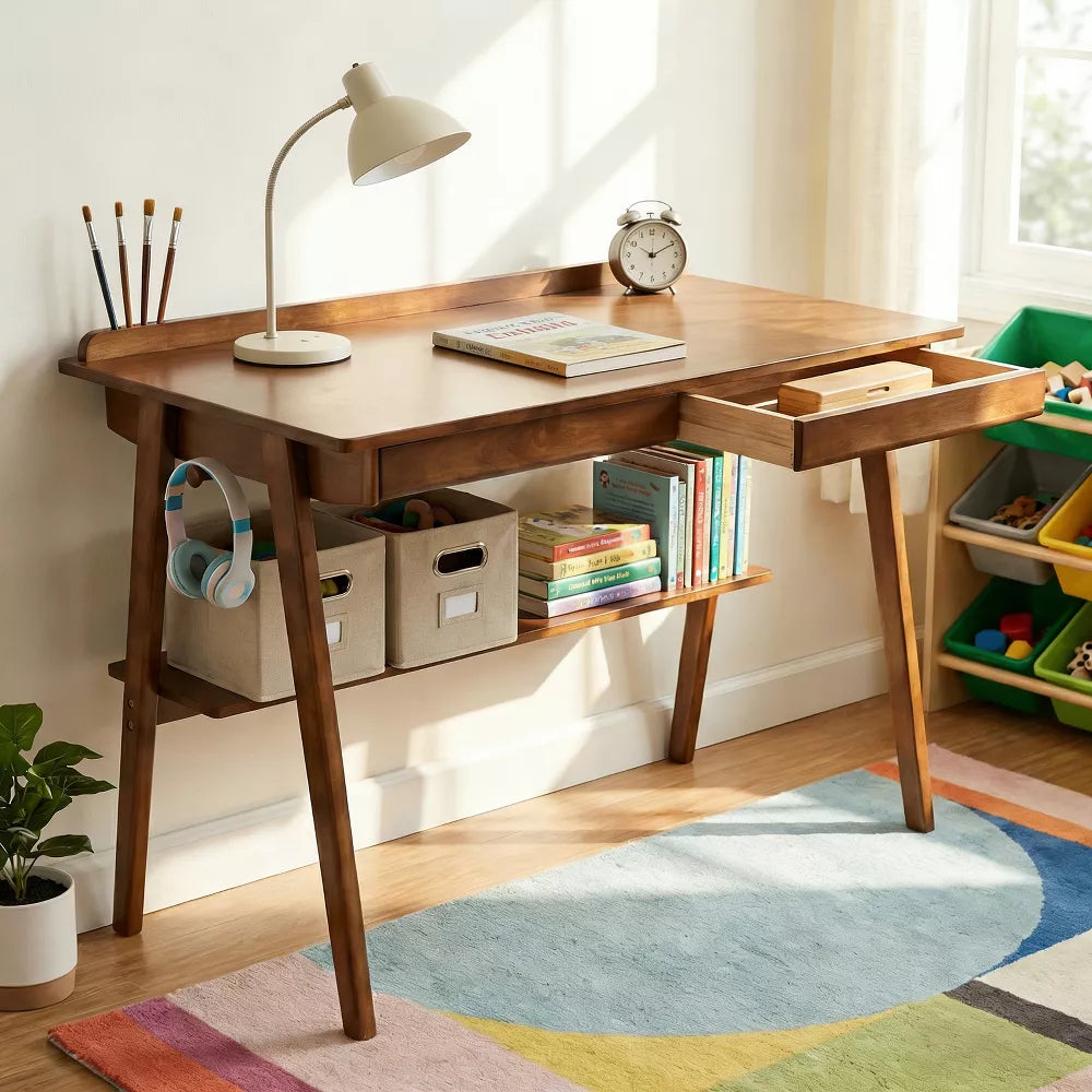 Solid Wood Writing Desk with 2 Drawers & Storage Shelf,Computer Desk with Side Hooks,Small Home Office Desk for Bedroom,Living Room,Dorm&Study Space