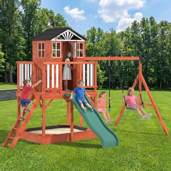 EROMMY Kids Outdoor Wooden Swing Set, Backyard Play Set with Elevated Playhouse, Wave Slide, Belt Swings and Sandbox
