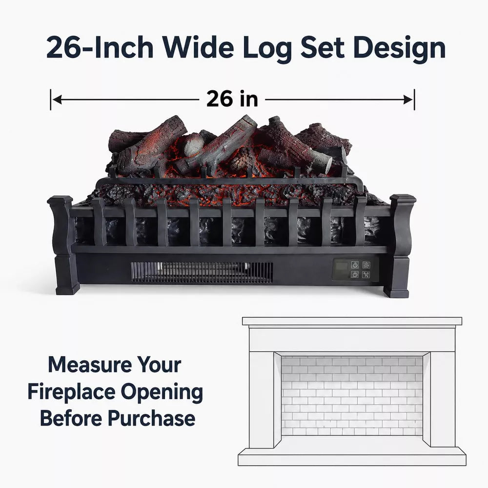 Garvee 26" Electric Fireplace Log Set Heater, Charcoal, 3 Brightness, Remote, 120V/1500W