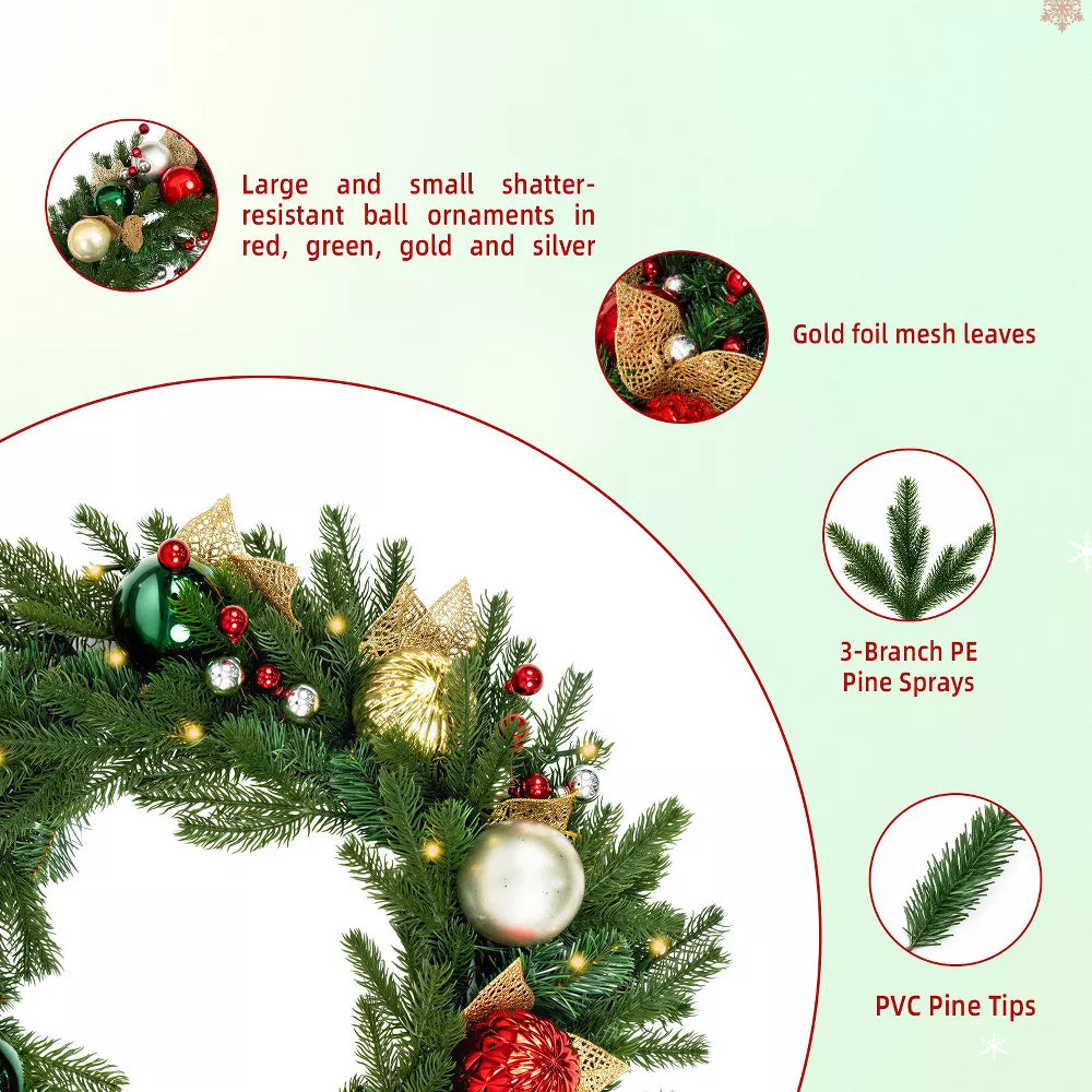 Romswi 24in Pre-Lit Artificial Christmas Wreath Realistic PE PVC Ornaments Battery-Powered Holiday Decoration with Timer LED Lights for Front Door