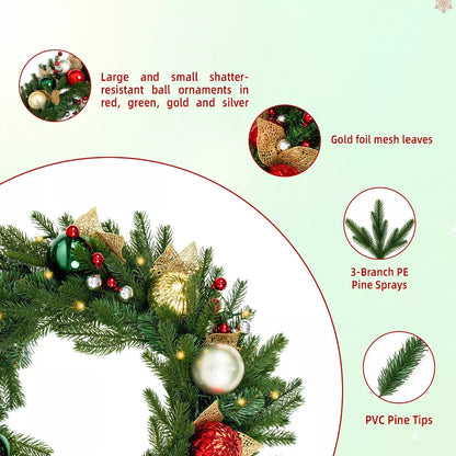 Romswi 24in Pre-Lit Artificial Christmas Wreath Realistic PE PVC Ornaments Battery-Powered Holiday Decoration with Timer LED Lights for Front Door