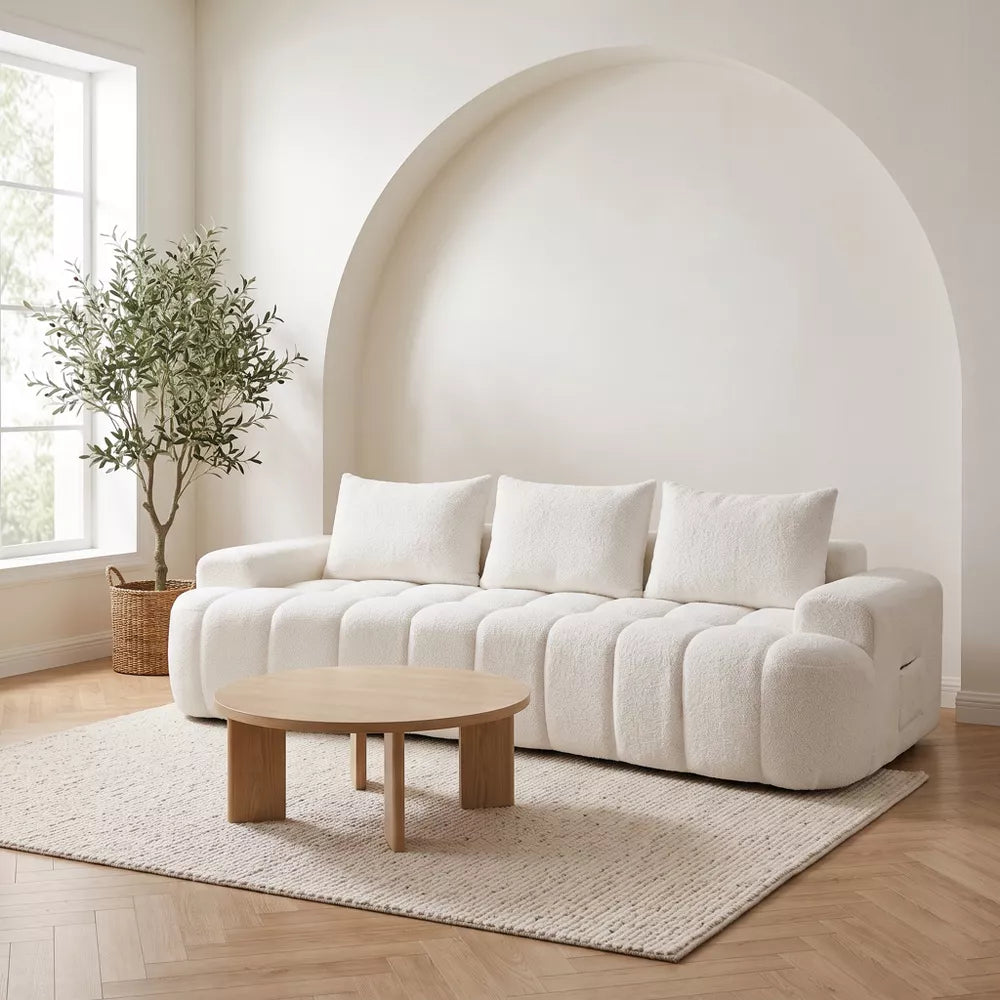 LauKingdom 100" Cloud White 3-Seat Oversized Boucle Sofa, Curved Front Compressed Sectional Couch for Modern Living Room