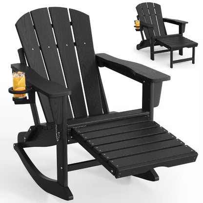 Folding Adirondack Rocking Chair with Retractable Ottoman, HDPE Wooden Textured Rocker with Cup Holder for Patio, Deck, Garden & Fire Pit,Black