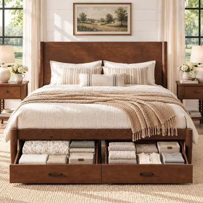 AMERLIFE Full Solid Pine Wood Platform Bed with 2 Storage Drawers and Headboard, Walnut