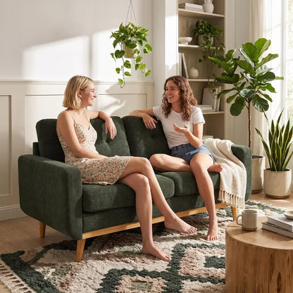 67.7" Emerald Green Mid-Century Modern Upholstered Loveseat Sofa 2-Seat Fabric Couch with Solid Wood Base for Dorm, Apartment, Living Room