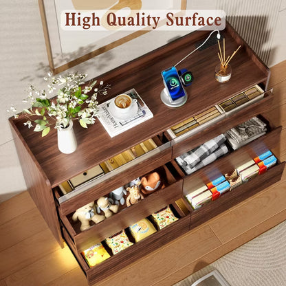 Qwatto 47" Walnut 6 Drawer Dresser Wide Wood Chest of Drawers Storage Cabinet with Charging Station and RGB LED Lights Bedroom Living Room Furniture