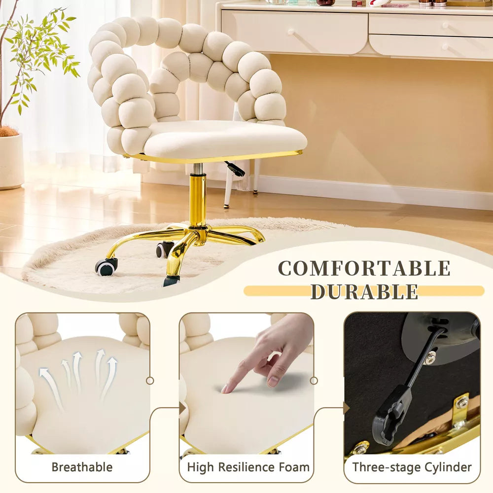 Modern Velvet Adjustable Swivel Office Chair with Bubble Back, Padded Vanity Chair with Gold Metal Base, for Office, Bedroom, Makeup Room, Beige