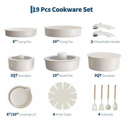 Garvee 19 Pcs Detachable Handle Pots and Pans Set Nonstick Cookware Set