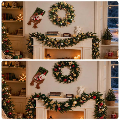 Romswi 9FT Pre-lit Artificial Christmas Garland Realistic PE PVC Ornaments 80 LED Lights Battery Operated Timer Lighted Holiday Xmas Decoration