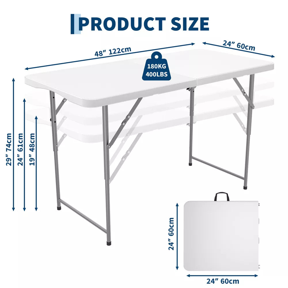 Garvee 4 ft Folding Picnic Table Easy to Fold and Store, Foldable Table for Camping Picnic Dining Party Kitchen Outdoor Indoor with Carrying Handle