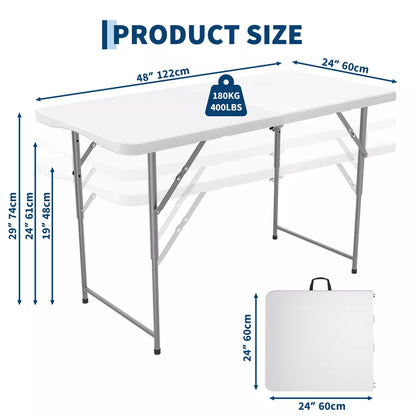 Garvee 4 ft Folding Picnic Table Easy to Fold and Store, Foldable Table for Camping Picnic Dining Party Kitchen Outdoor Indoor with Carrying Handle