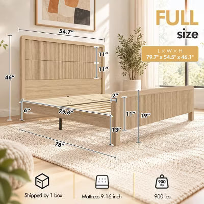 AMERLIFE Full Size Wood Platform Bed with Fluted Headboard and Wood Slats, Natural Oak
