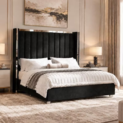 AMERLIFE King Velvet Upholstered Platform Bed with 57" Wingback Headboard, Black