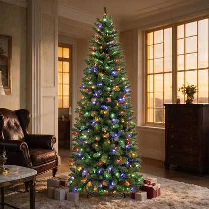 VIVATREES 6ft Prelit Christmas Tree Artificial Slim Pine Dual Color 10 Funtion Changing LED Lights Metal Stand Hinged Branches for Holiday