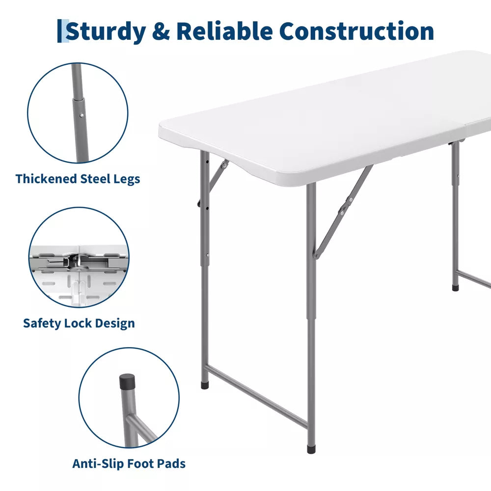 Garvee 4 ft Folding Picnic Table Easy to Fold and Store, Foldable Table for Camping Picnic Dining Party Kitchen Outdoor Indoor with Carrying Handle