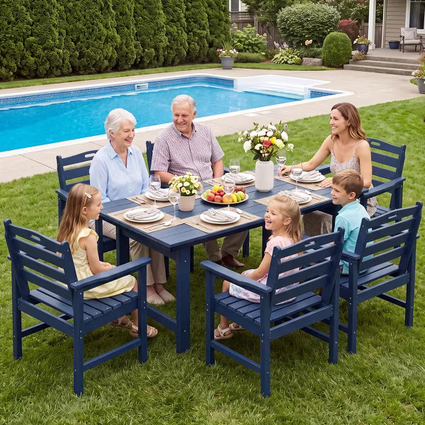 Garvee Outdoor Patio Rectangular Dining Table, 4-6 People Weatherproof Patio Table with Umbrella Hole, Rounded Corners for Safety, Blue