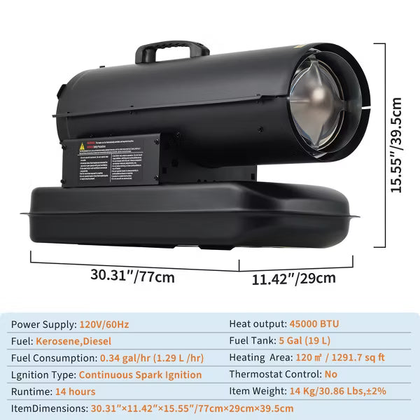 45000 BTU Dual Fuel Kerosene/Fuel Forced Air Heater with Thermostat for Workshops, Warehouses & Construction Sites, Black